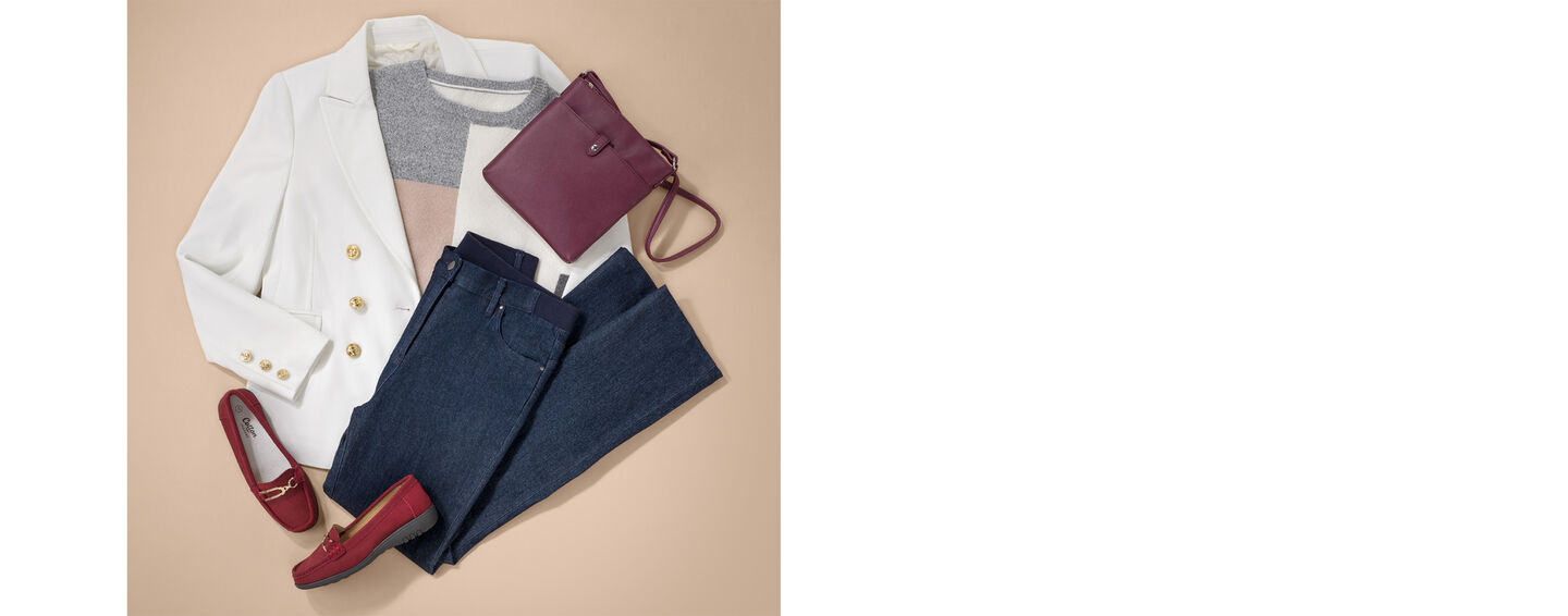 The Colourblock Jumper | Colourblock Colourblock Jumper | The Friday Blazer | Magic Comfort Straight Leg Jeans | Leather Flexisole Loafers | By Cotton Traders