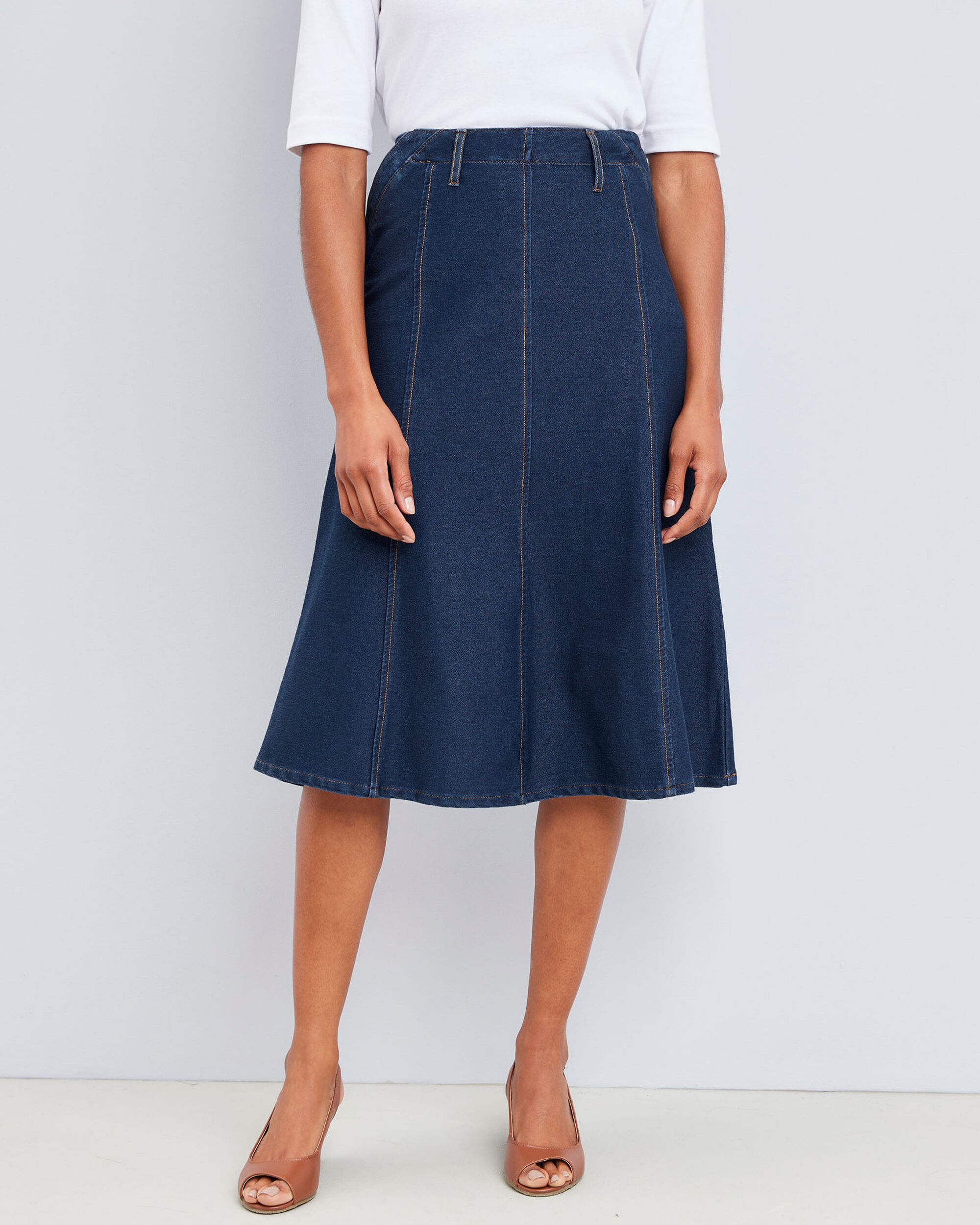 Pull-On Jersey Denim Midi Skirt